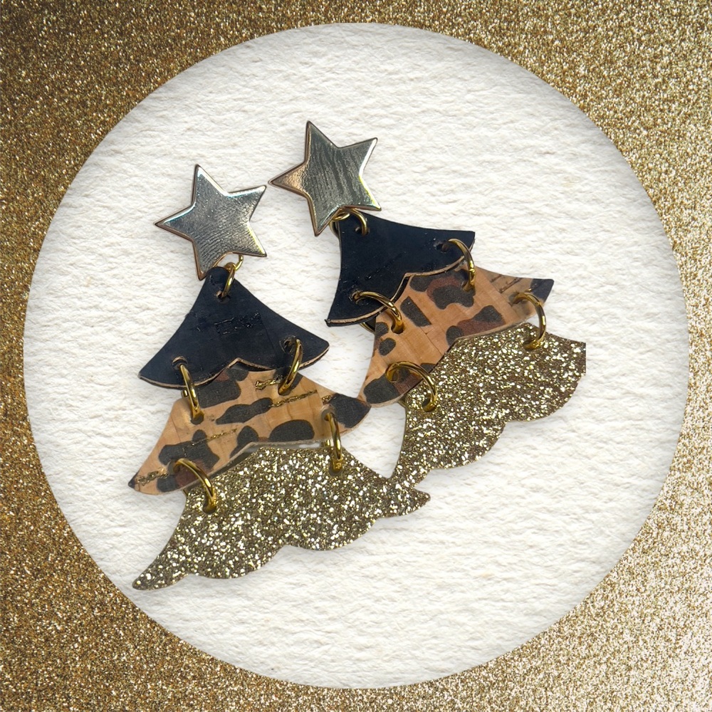 Leopard Tree Christmas earrings, leopard print, black and gold